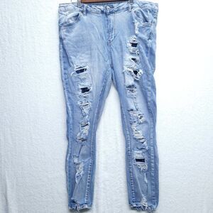 Almost Famous Jeans Womens 18 Low Rise Distressed Cropped Blue Denim Skater
